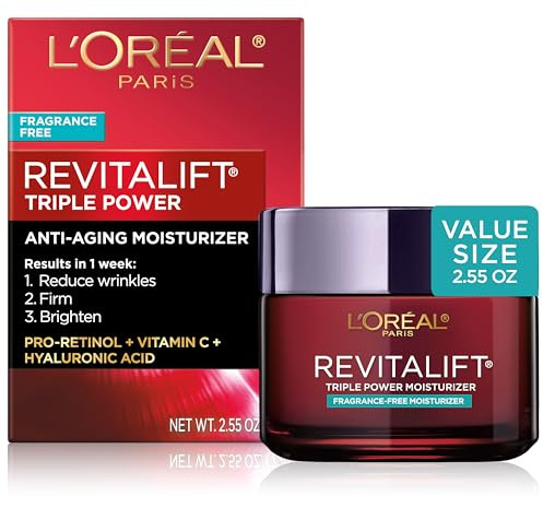 L'Oreal Paris Revitalift Triple Power Anti-Aging Face Moisturizer, Fragrance Free, Pro Retinol, Hyaluronic Acid & Vitamin C to Reduce Wrinkles, Firm & Brighten Skin, 2.55 Oz