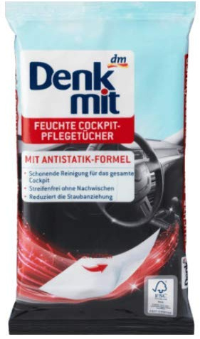 Denkmit Feuchttücher Autopflege, 20 Stück, Unparfümiert, Cockpit-Pflegetücher für Kunststoffoberflächen