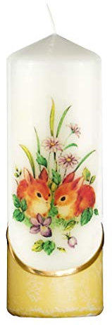 Meissner-Handel Auswahl * Osterkerze Stumpenkerze Osterdeko * 6 x 18 cm * mit farbigen Wachs- und Bildauflagen * Auswahl Motiv + Farbe * Gelb * (Motiv 013)