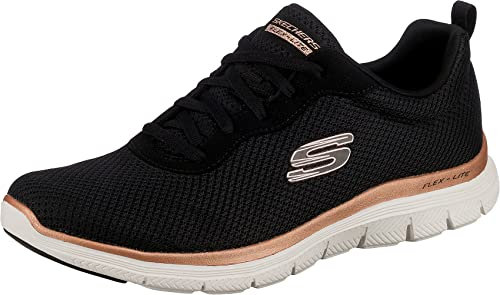 Skechers Women's Flex Appeal 4.0 Brilliant View Sneaker, Black Mesh Rose Gold Trim, 4 UK