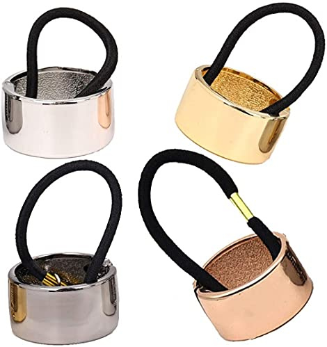 LATRAT 4 Stücke Haargummi Metall Ring Elastisch Haar Manschette Elastisches Haarband, Pferdeschwanz Halter Haarschmuck für Frauen, Schwarz, Silber, Golden, Roségold