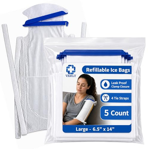 Vakly Large Refillable Ice Bags 6.5 x 14 [Pack of 5] – Reusable Ice Pack with Clamp Closure, Soft Outer Covering & Leak-Resistant Inner Layer for Hospital, Home & Sports Use