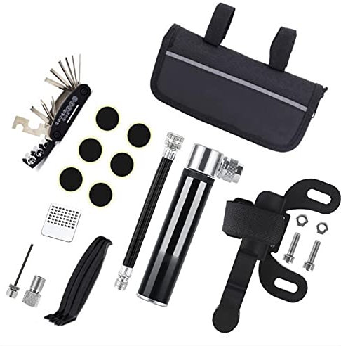 Bayli Fahrrad Werkzeugset mit Werkzeugtasche | Multifunktionswerkzeug mit Flickzeug, Reifenheber, Mini Luftpumpe + Fahrradtasche | Multitools 16-in-1 Fahrrad Reparatur Werkzeug Set | Fahrradflicken