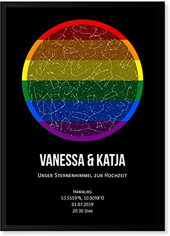 Personalisierte Sternenkarte - Sternenhimmel Poster - Die Sternenkarte vom Wunschdatum mit Wunschtext - Personalisiertes Geschenk für Mann, Frau, Paar - Design mit Regenbogenfahne (LGBT) (Schwarz)