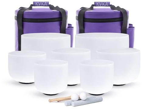 KVKA Kristall-ljudskålsset, 15 cm 432 Hz vit frostad kvarts chakra ljud läkande ljudskålar för meditation yoga avkoppling stressminskning med bärväska