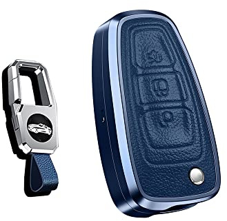 HIBEYO Schlüsselhülle Hülle passt für Ford Leder Schutzhülle Autoschlüssel Hülle für Ford Focus Fiesta Kuga Mondeo Grand C-Max S-Max Kuga Galaxy Klappschlüssel Key Cover Case Etui-Blau