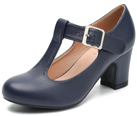 Eugisy Women's T-Strap Mary Jane Pumps Dress Shoes Navy Blue Matte 41-9US