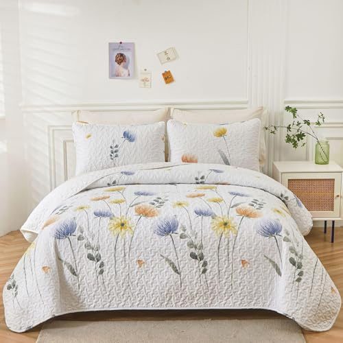 Dinjoy Floral Quilt Set King 3 Pieces Blue & Yellow Quilts Coverlet Set Bohemian Cute Bedspread Lightweight Farmhouse Bed Coverlet for Fall Winter All Season(110x90)