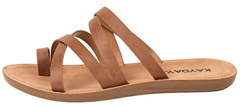 KAYDAY ~ HERO ~ Damen-Sandalen zum Reinschlüpfen, flache Kreuzbänder, Zehenring, modische Sandalen, Braun PU, 37.5 EU
