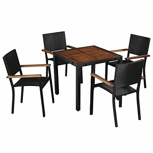 Homgoday 5-teiliges Gartenmöbel-Set aus Polyrattan und Akazie, schwarz, Gartenmöbel-Set mit Tisch und Stühlen, Tisch mit Stühlen für den Außenbereich, Tisch und Stühle für den Außenbereich