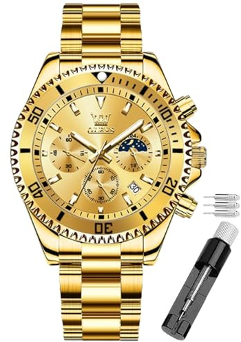 OLEVS Reloj de Esfera Verde para Hombres Moda simulación de Reloj de cronometraje Impermeable de Cuarzo, Reloj de Acero Inoxidable de Oro y Plata, Reloj de Pulsera Multifuncional para Hombres