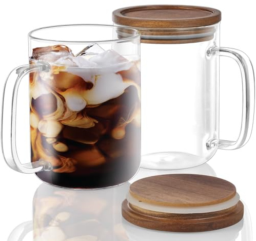 DRASTAR Glass Coffee Mugs, 20 oz Clear Coffee Cups, Coffee Mug with Acacia Wood Lid, Tea Glass Cups with Handles, Large Coffee Mug Set of 2, Glass Coffee Cups for Latte, Espresso, Tea