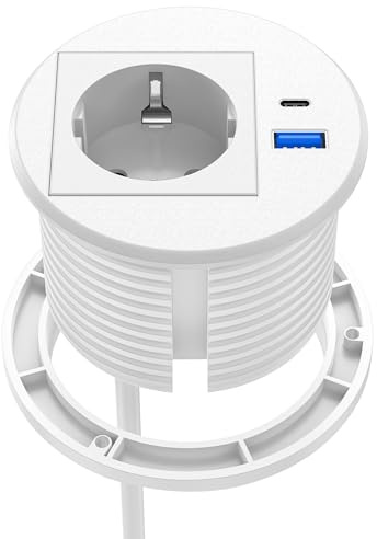 Einbausteckdose mit USB C PD 20W, Ohuo Versenkbare Steckdose mit 2 USB Steckdosenleiste Schreibtisch Weiß