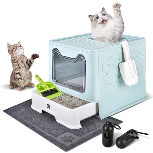 Caja de arena para gatos cerrada con tapa, orinal plegable, tipo cajón, caja de arena extra grande con alfombrilla, libre de gatitos dentro y fuera/unidireccional, control de olores, antisalpicaduras