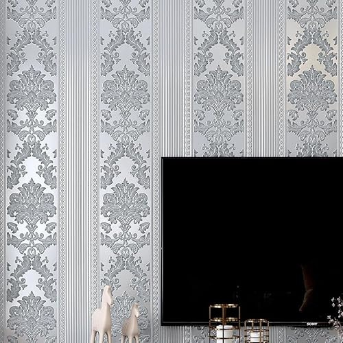 Baketron Grey Luxury Retro Floral Embossed Wallpaper Feature Gothic Damask Wallpaper Metallic Silver Grey Flock Textured Roll for Bedroom Adults Livingroom Hallway and Stairs