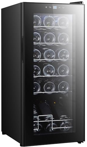 HOMCOM 50L Wine Cooler, 18 Bottles, 5-18° Freestanding Wine Fridge with Glass Door, LED Light, Temperature Control and Digital Touch Screen, Black