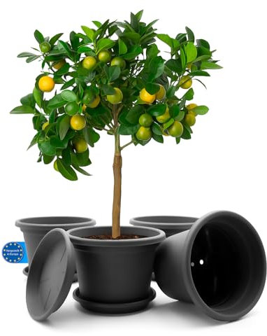 BigDean 4 Stück Blumentopf mit Untersetzer rund ø 35 cm Anthrazit – wetterfester Pflanzkübel Made in Europe