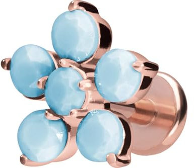PIERCINGLINE Titan Labret mit Push Fit BLUME + SYNTH. TÜRKISE Piercing Ohr Nase Roségoldfarben 1,2 x 10 mm