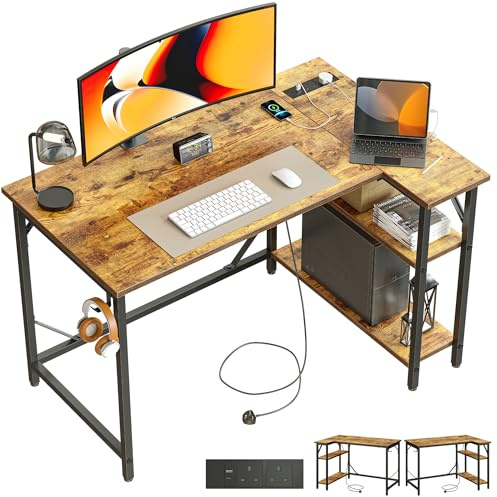 DOMSHOCT Escritorio pequeño para juegos en forma de L con tomas de corriente, mesa de esquina para computadora de 100 x 70 cm con grandes estantes de almacenamiento reversibles, estación de trabajo