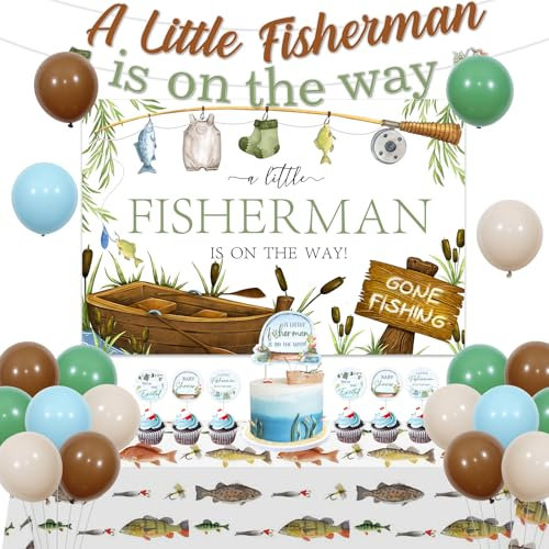kreat4joy Fishing Baby Shower Decorations, a Little Fisherman Is On the Way Baby Shower Balloons Cake Cupcake Toppers Table Cloth Banner for Gone Fishing Baby Shower