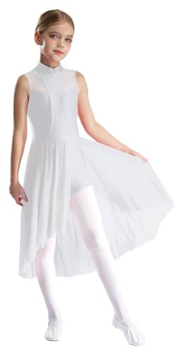 Nyeemya Mädchen Lyrisch Tanzkleid Ärmelloses Glitzer Ballettkleid Ballerina Turnanzug mit Asymmetrische Rock Modern Tanzkleidung Weiß 170