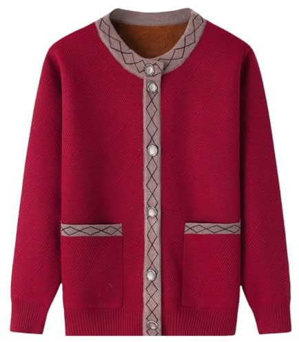 ACMEDE Cardigan Tricoté en Polaire Femme avec Poche, Manches Longues, Pull Tricoté Épais Et Chaud Personnes Âgées D'Âge Moyen, Veste Haut en Tricot Thermique décontracté Manteau Mamie, 40-80KG