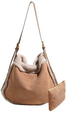 CORIOS Dam mocka tygväska axelväska med lammull vintage crossbody väska mjuk plysch topphandtag väska stor kapacitet handväska lätt messengerväska skolväska med myntväska 2 st set, Khaki, L, Retro