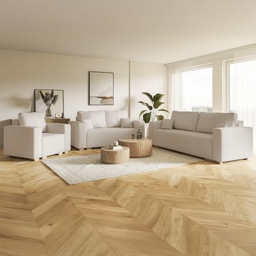 MOTIVENA Viego Sofagarnituren, Sofa Set 3 2 1 Wohnzimmer, Sofa 3 2 1 Set, Couch Set, Futon Set, Wohnzimmer Couch Set, Couch 3 2 1 Set, Bonellfederkern (H4), Boucle Sofa Beige (Creme)