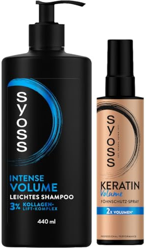 SYOSS Shampoo Intense Volume Shampoo (440 ml) Haarshampoo spendet bis zu 48 h langanhaltendes Volumen & Keratin Volume Föhnschutz-Spray (200 ml) Hitzeschutz Spray für Anti-Platt-Volumen-Effekt
