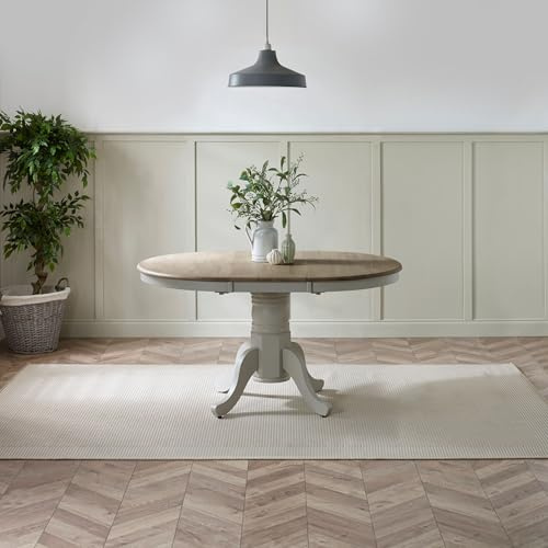 Furniturebox UK 4 to 6 Seat Solid Wood Round Extending Table - Padstow Light Grey & Limewash Effect Pedestal Extendable Dining Table - Traditional Classic Farmhouse Dining Furniture - 100% Rubberwood