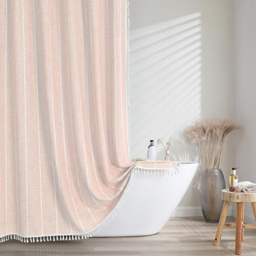 meioro randigt duschdraperi boho bondgård duschdraperier, linne vävt tyg textil duschdraperi set med 12 krokar, vattentät rustik böhmisk duschdraperi för badrum (grädde, 183 x 213 cm)