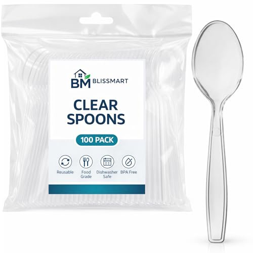 BLISSMART Clear Spoons 100 Pack, Heavy Duty Reusable Spoons, BPA-Free Food Grade, Washable & Dishwasher Safe, Strong Clear Spoon for Home, Party, Catering & Meal Prep