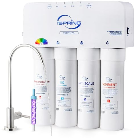 iSpring RO5004F-AK Alkaline Reverse Osmosis Water Filter with UV, 500 GPD | pH+, 2:1 Pure to Drain Tankless Remineralization RO System Under Sink with Boost Pump, Filter Life Monitor, Reduces PFAS, TDS