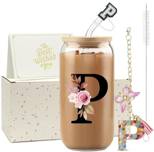 ZIOSINM Cadeau Femme Tasse Personnalisable Cadeau Anniversaire Femme | A-Z Lettre Verre avec Ouvercle et Paille + Porte-clés, 500 ml Verre Matcha Idee Cadeau Femme pour Noël ou Saint-Valentin