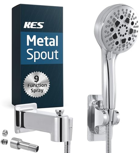 KES Metal Tub Spout with Diverter, 9-Setting Handheld Shower Sprayer Attachment, High Pressure Hand Shower with Hose for Bathtub Faucet, Fit 1/2 & 3/4 IPS or 1/2 Slip-On Copper Pipe, Chrome