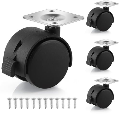 Chegulu 1.5 Small Nylon Plastic Plate Caster Wheels with Brake, Swivel Furniture Wheels, 50 lbs Load Capacity per Wheel, 4 Pcs