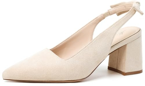 Mostrin Beige Block Slingback Heels for Women Nude Pointed Closed Toe Chunky Heels Bow Women's Pumps for Office Work Business Casual
