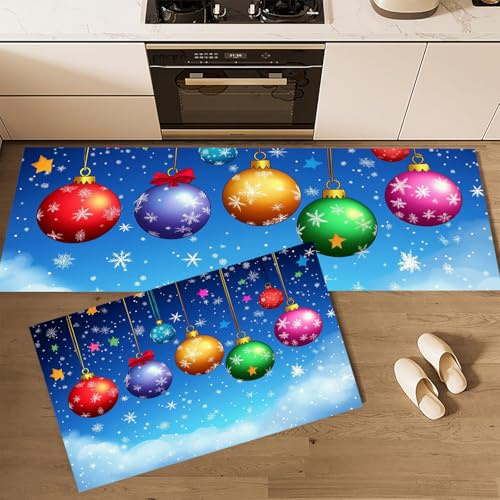 MLSOWM Küchenläufer rutschfest 2 Stück, Küchenteppich Waschbar Weihnachtsdekoration Sterne, Küchenmatten Cartoon-Stil, Teppich Läufer für Küche, Flur, Esszimmer 43x75cm+43x120cm, Dunkelblau
