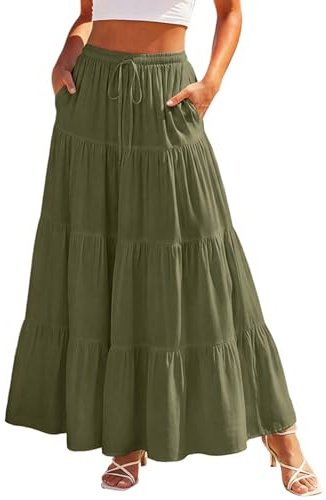 Scarlet Darkness Long Skirts for Women Flowy Boho Tiered Renaissance Maxi Skirt with Pockets Olive Green L