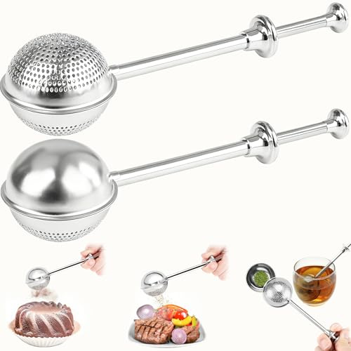 2pcs Mehl-Staubwedel zum Backen, Puderzuckerstreuer mit Griff, Edelstahl Puderzucker Shaker,Tee-Ei für losen Tee, Kakaostreuer, Zuckerstreuer (2 Light silver)