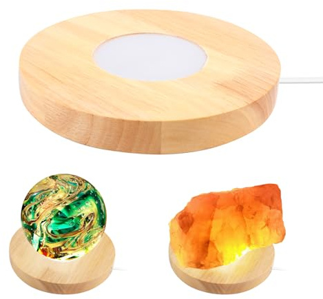 JOJOCY Wooden LED Lights Base, Warm Color Round Wood Display Stand 3 Light Modes with 3-Level Dimming for 3D Crystal Glass Resin Acrylic Art (15cm Yellow)