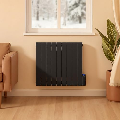 KOMORE Oil Filled Radiator, 9 Fins Panel Electric Heater, 1500W Wall Mounted Electric Radiators, LED Display, 3 Modes, 7d/24h Timer, Child Lock, Adjustable Thermostat, IP24 Splashproof, 77 * 57.5cm