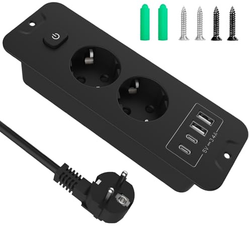 Infällbart uttag, 2-faldigt infällt uttag med USB C, PD 20 W, 4 000 W, grenuttag, infällt uttag med 2 USB A och 2 typ C, flera uttag, grenuttag, avdelaruttag