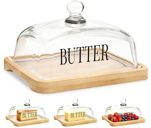 Butter Dish with Lid, Glass-Covered Butter Tray, Wooden Butter Plate | 17.8x11.9x9.8 cm | Thickened | Dome-Shaped Cake Cover with Top Bead | Suitable for Storing Margarine Desserts Cakes