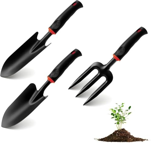 Kit Herramientas Jardinería 3 Piezas, Set con Pala de Jardín, Trasplantador y Horquilla de Mano, Herramientas para Macetas, Balcón, Huerto, Parterre e Invernadero