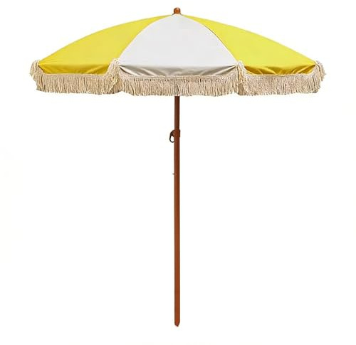 140 cm Tragbarer Gelb-weißer Strandschirm mit Fransen, Boho Gartenschirm mit Quaste, UPF 50+, für Pool, Hof, Terrasse