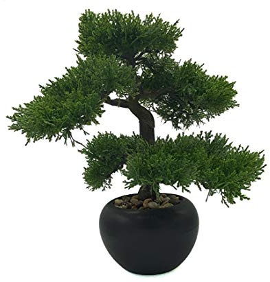 Konstträdsbord bonsai cederträ med 33 cm i svart keramisk kruka med fina stenar – konstgjord bonsai växt dehead lance liten