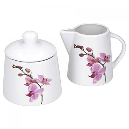 Van Well Zuckerdose + Milchkännchen-Set Kyoto, runder Zuckerspender mit Deckel + Milch-Gießer, Porzellan-Geschirr, Blumen-Dekor Orchidee, pink