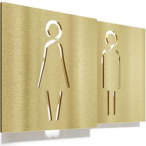 Messing WC-Schilder Set - selbstklebend & matt gebürstet - Design Toiletten-Schilder T-02-M