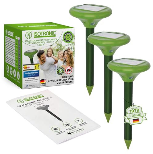 ISOTRONIC 3 Stück Maulwurf Vertreiber solarbetrieben, mit ON/Off – Schalter, Ultraschall Schädlingsbekämpfung gegen Wühlmäuse